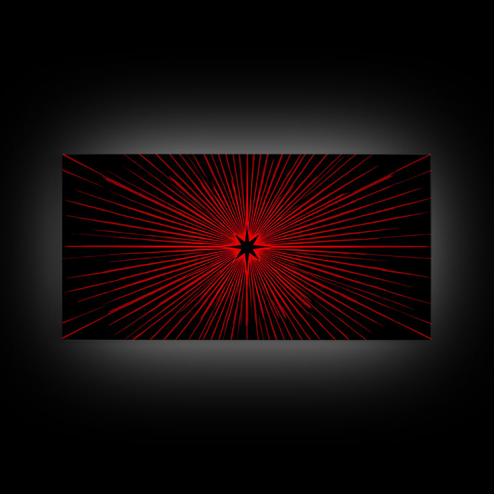 Red Starburst On Black Wall Art, Midcentury Modern Op Art Poster, Atomic Sunburst Canvas Print, Bold Geometric MCM Decor
