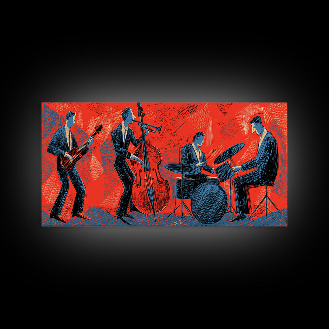 Red Blue Jazz Band Canvas Print, Midcentury Modern Wall Art, Abstract Music Poster, Living Room Decor Gift For Musicians