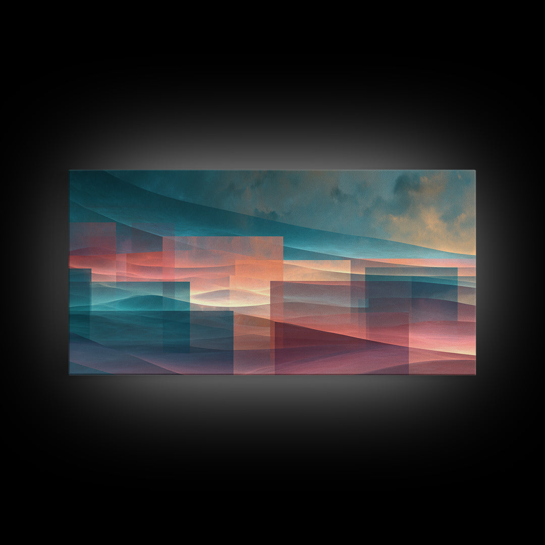 Layered Sunset Mountain Geometry Wall Art, Midcentury Modern Art Print, Teal Pink Landscape Decor, Abstract Home Office Art