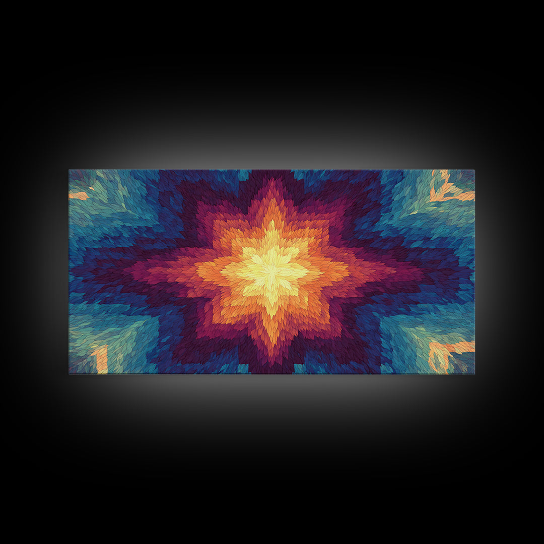 Rainbow Kaleidoscope Starburst Canvas Print, Colorful Midcentury Wall Art, Modern Abstract Art Print, Bold Geometric Decor