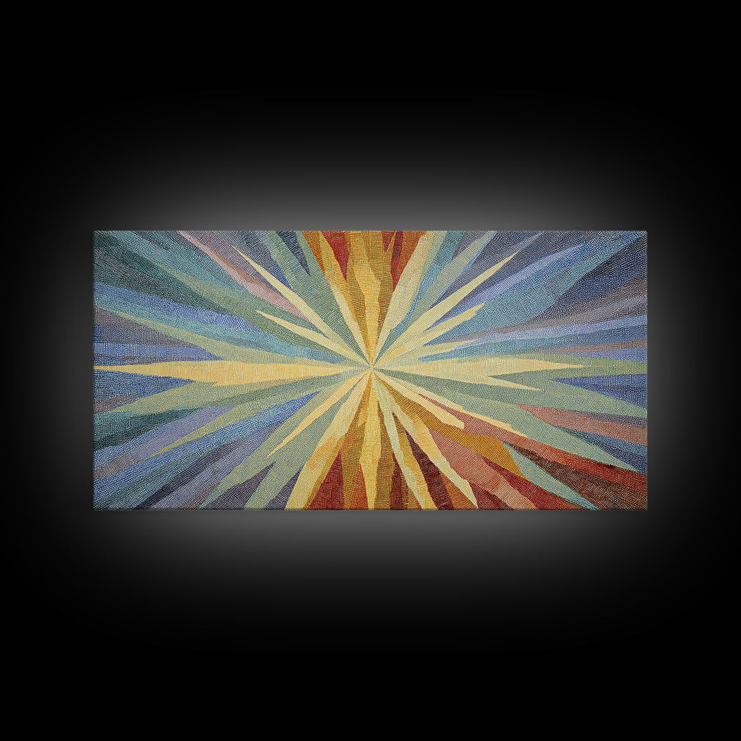 Woven Sunburst Rays Abstract Wall Art, Modern Geometric Art Print, Midcentury Canvas Decor, Blue Yellow Statement Piece Art