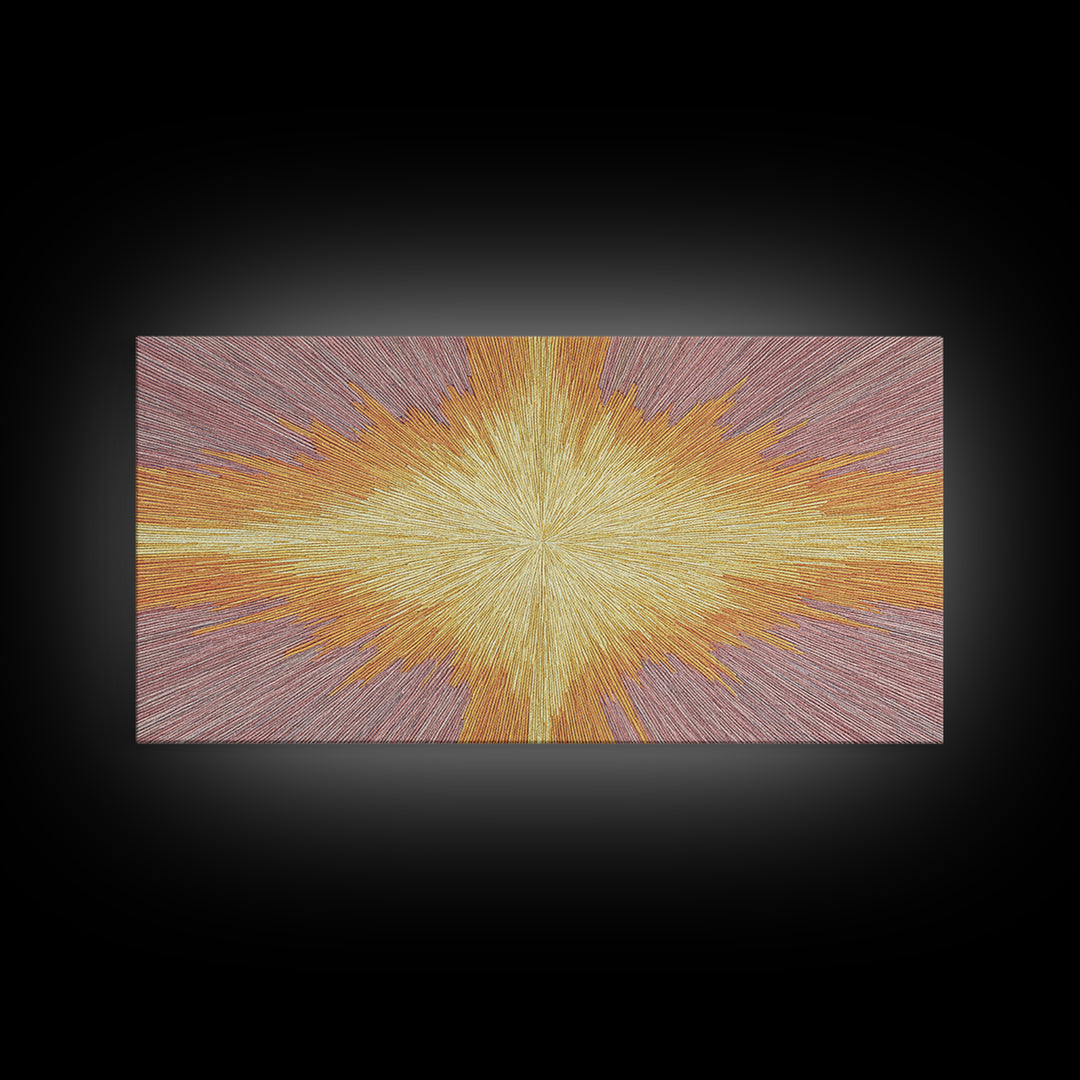 Golden Radiant Cross Starburst Framed Canvas Print, Spiritual Wall Art, Modern Christian Abstract Decor, Purple Yellow Art