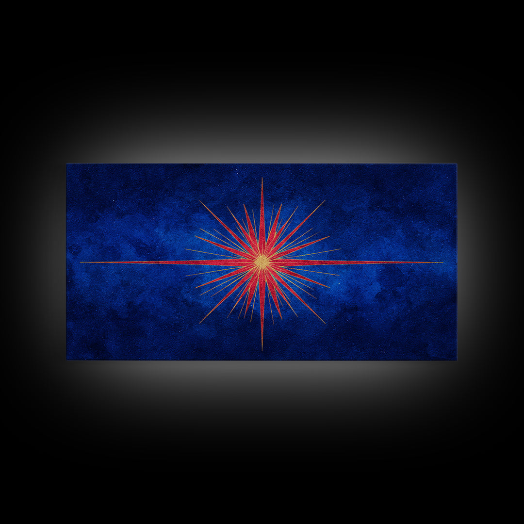 Blue Gold Starburst Framed Canvas Print, Mid Century Modern Atomic Wall Art, Retro Sunburst Poster, Elegant MCM Wall Decor