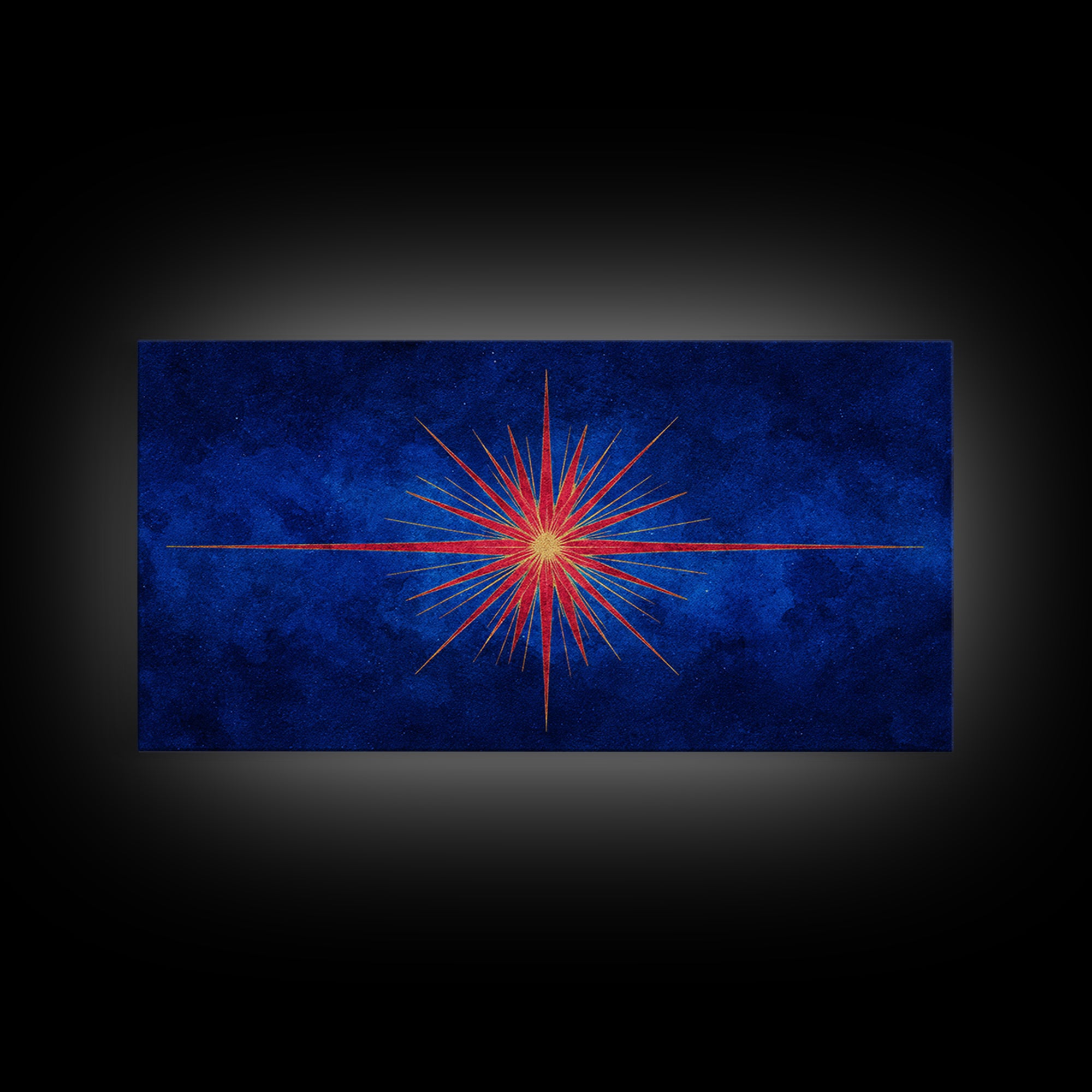 Blue Gold Starburst Framed Canvas Print, Mid Century Modern Atomic Wall Art, Retro Sunburst Poster, Elegant MCM Wall Decor