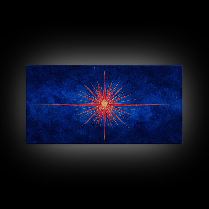 Blue Gold Starburst Framed Canvas Print, Mid Century Modern Atomic Wall Art, Retro Sunburst Poster, Elegant MCM Wall Decor