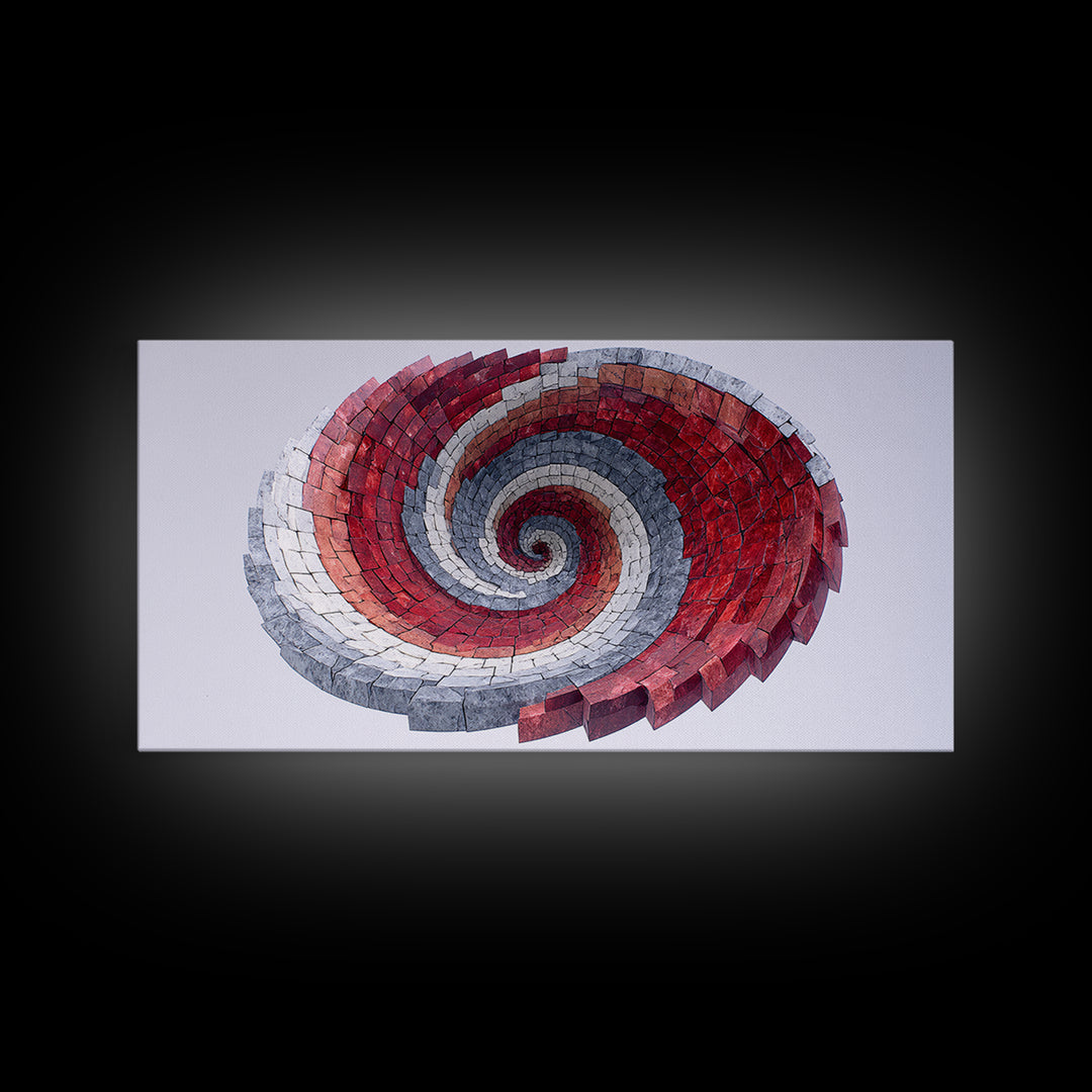 Red Gray Spiral Mosaic Wall Art, Midcentury Modern Abstract Geometric Print, Retro Op Art Decor For Office And Living Room