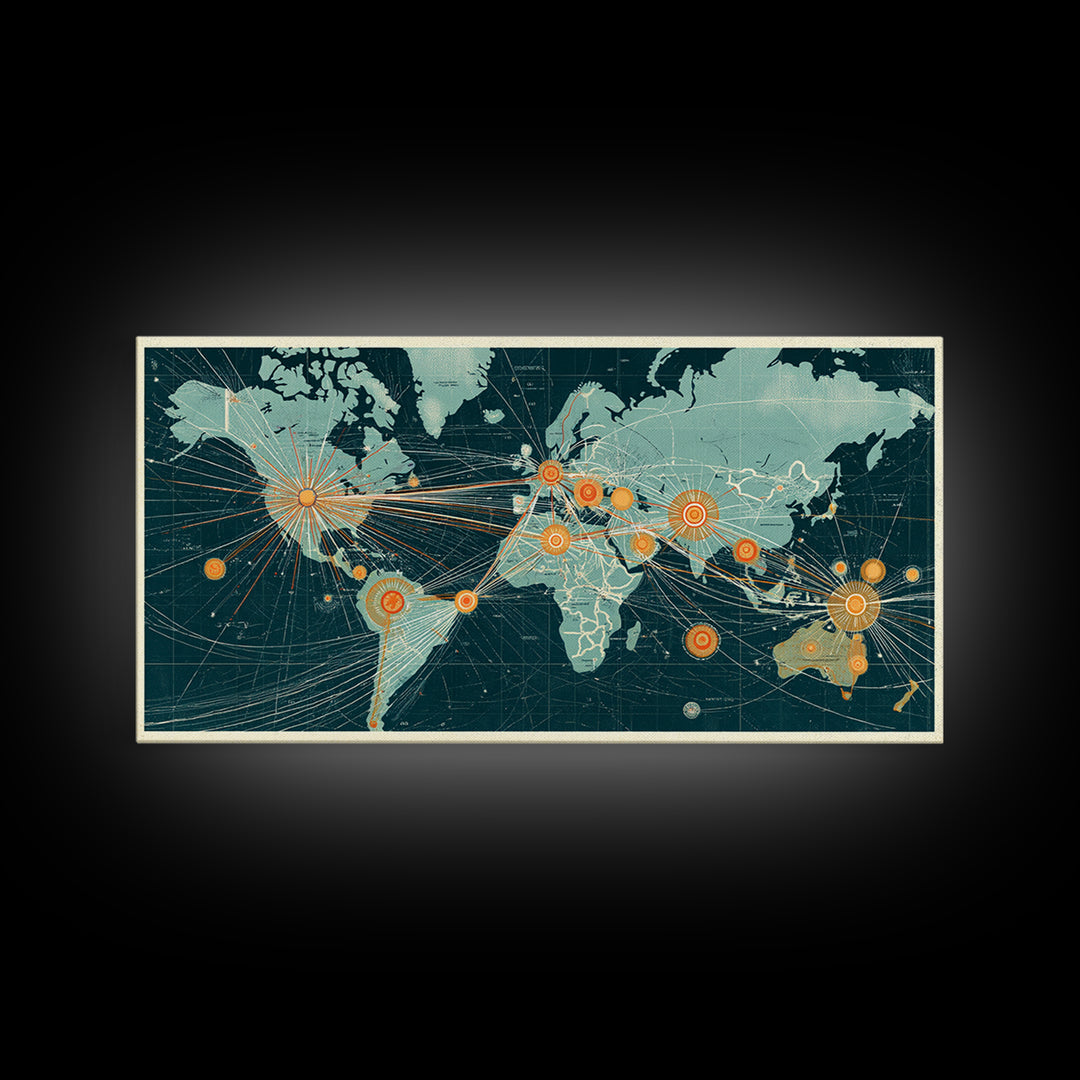Teal Orange World Map Wall Art, Midcentury Modern Travel Print, Global Network Poster For Office Decor And Living Room Decor