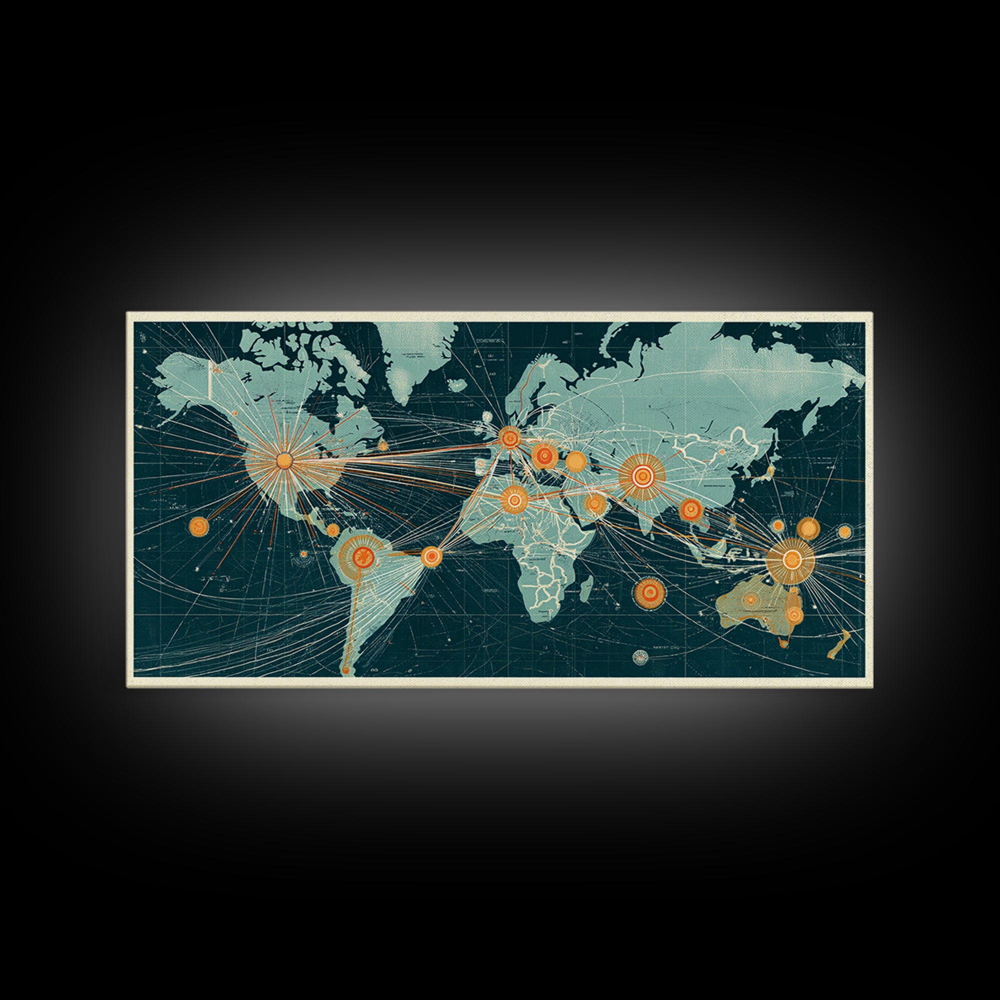 Teal Orange World Map Wall Art, Midcentury Modern Travel Print, Global Network Poster For Office Decor And Living Room Decor