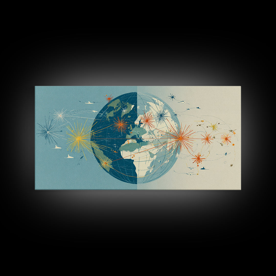 Split Globe Network Wall Art, Midcentury Modern Travel Print, Retro World Map Poster With Starbursts For Home Office Decor