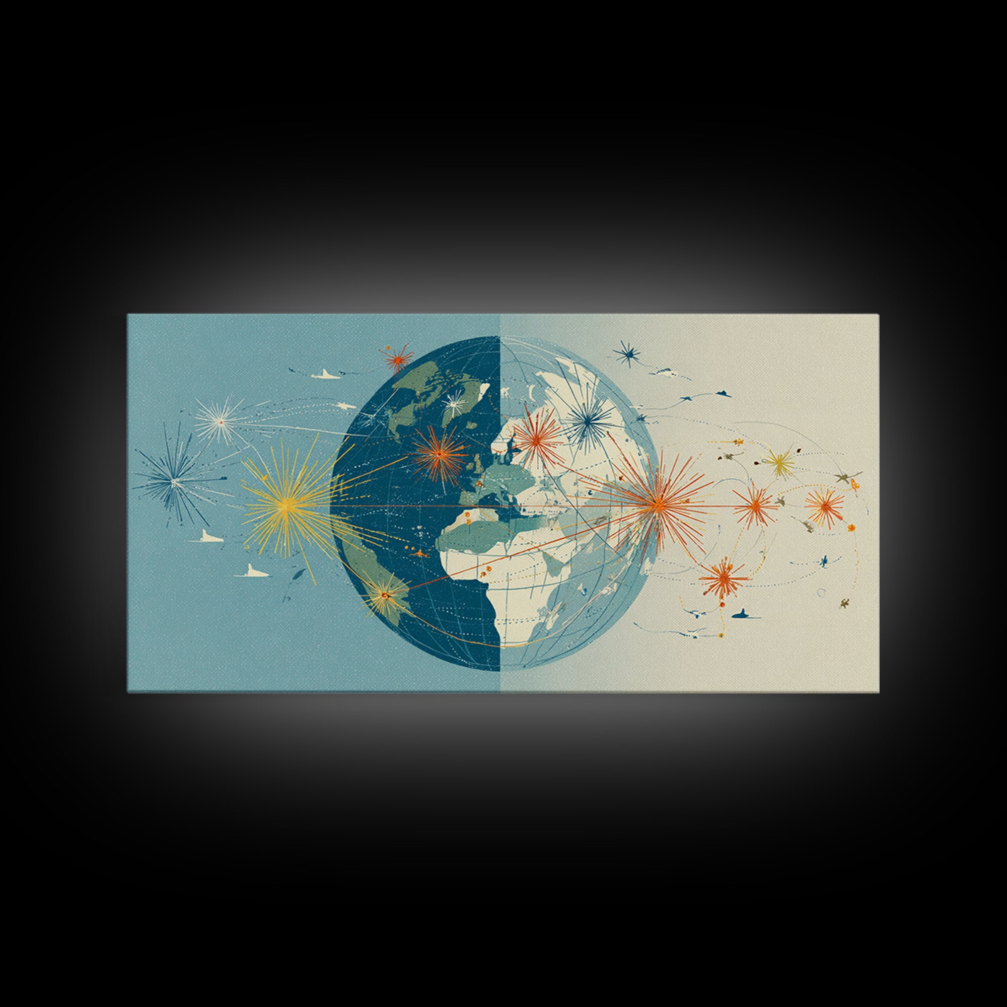 Split Globe Network Wall Art, Midcentury Modern Travel Print, Retro World Map Poster With Starbursts For Home Office Decor