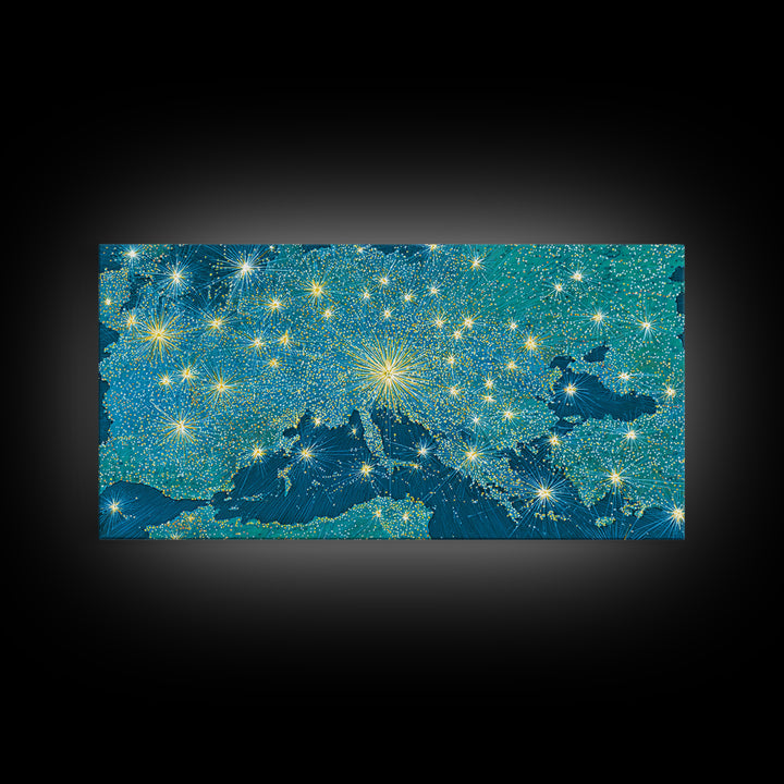 Blue Illuminated World Map Wall Art, Midcentury Modern Travel Print, Global Lights Poster For Office And Living Room Decor