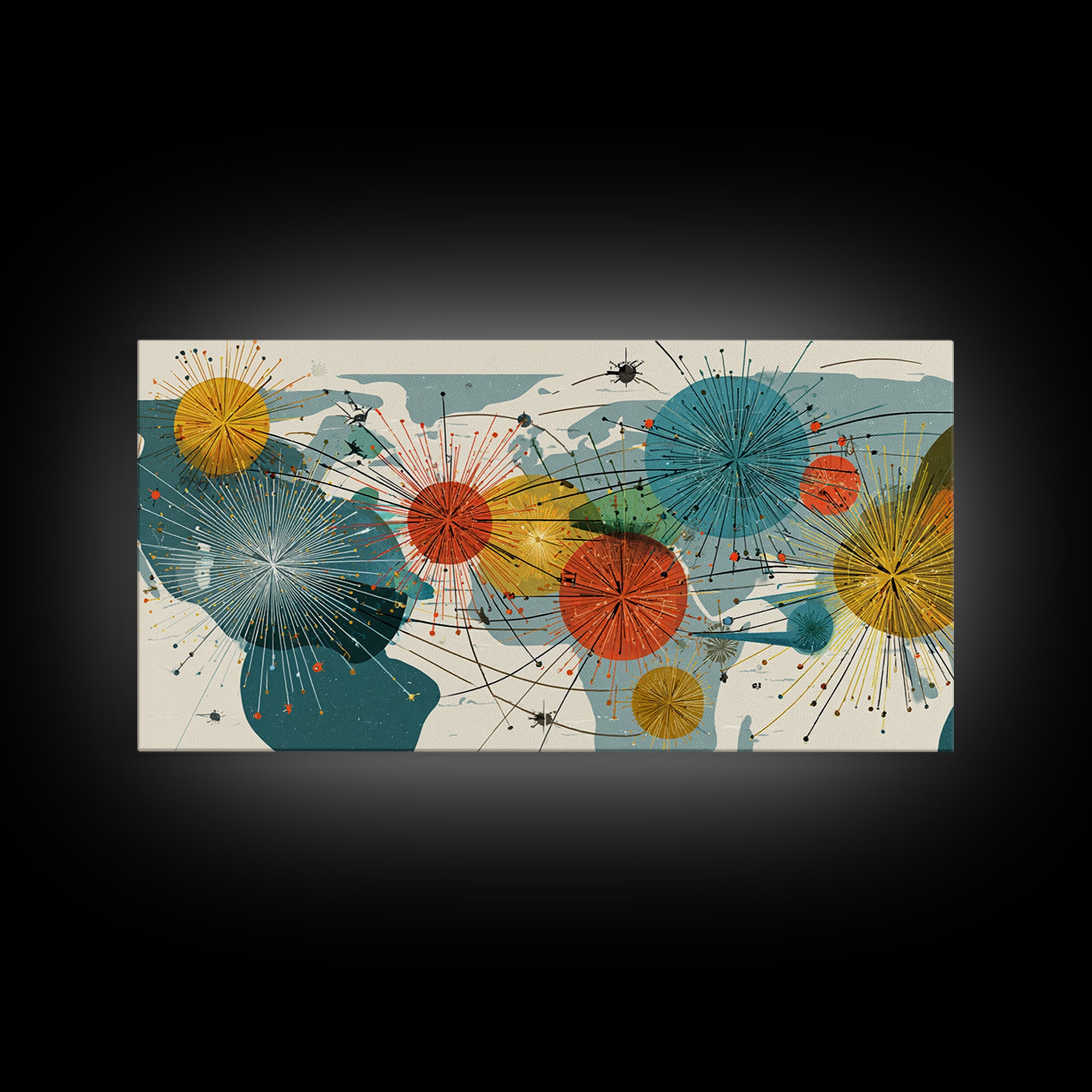 Abstract World Map Starburst Canvas Print, Midcentury Modern Geometric Wall Art, Retro Global Network Decor For Office Or Home