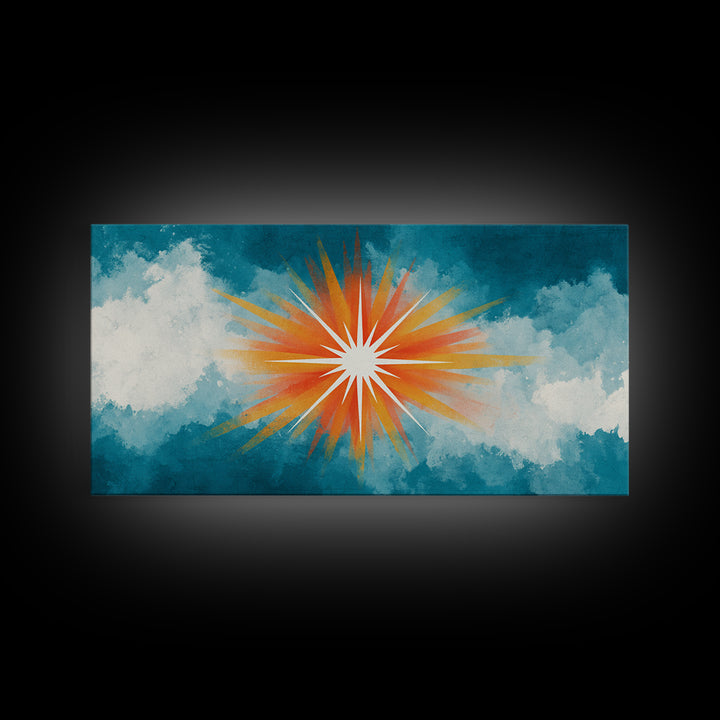 Teal Cloud Sunrise Starburst Canvas Print, Midcentury Modern Nature Wall Art, Retro Sun Poster, Colorful Scenic MCM Decor