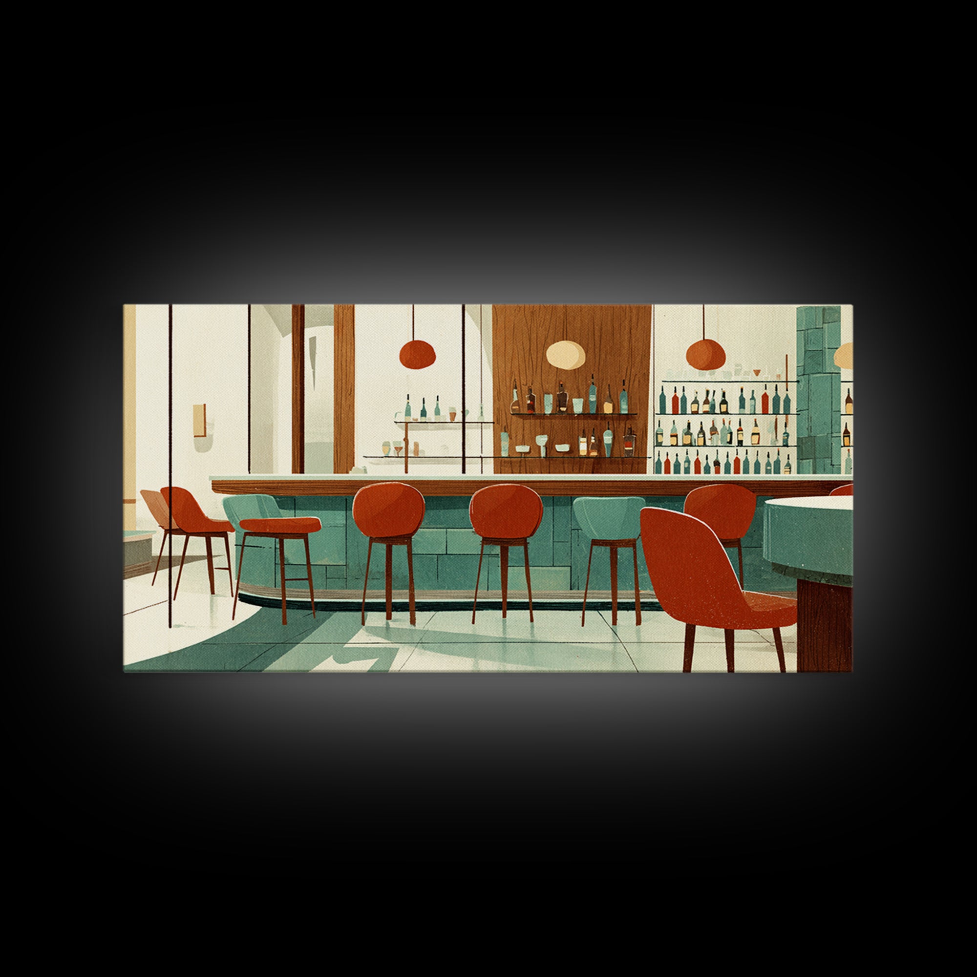 Retro Cocktail Bar With Red Chairs And Teal Cabinets, Mid Century Modern Wall Art, MCM Lounge Decor, Canvas Style Print Gift