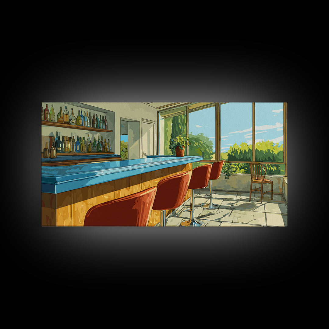 Sunlit Patio Cocktail Bar With Blue Counter And Red Stools, Mid Century Modern Wall Art, Retro Lounge Decor, Scenic Bar Print