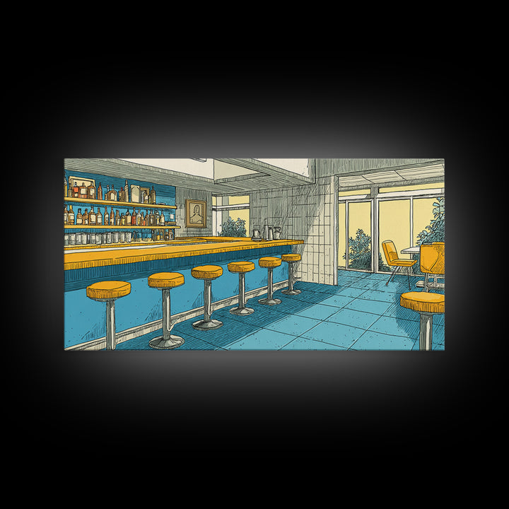 Retro Blue And Yellow Hotel Bar With Round Stools, Mid Century Modern Wall Art, MCM Lounge Decor, Diner Interior Print Poster