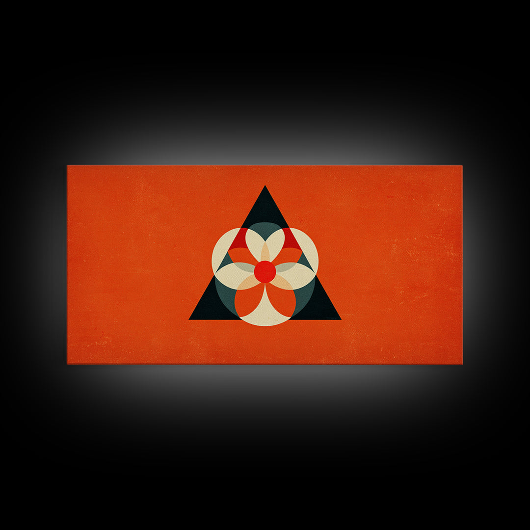 Orange Geometric Flower In Black Triangle, Mid Century Modern Canvas Print, Atomic Bauhaus Wall Decor, Abstract MCM Poster