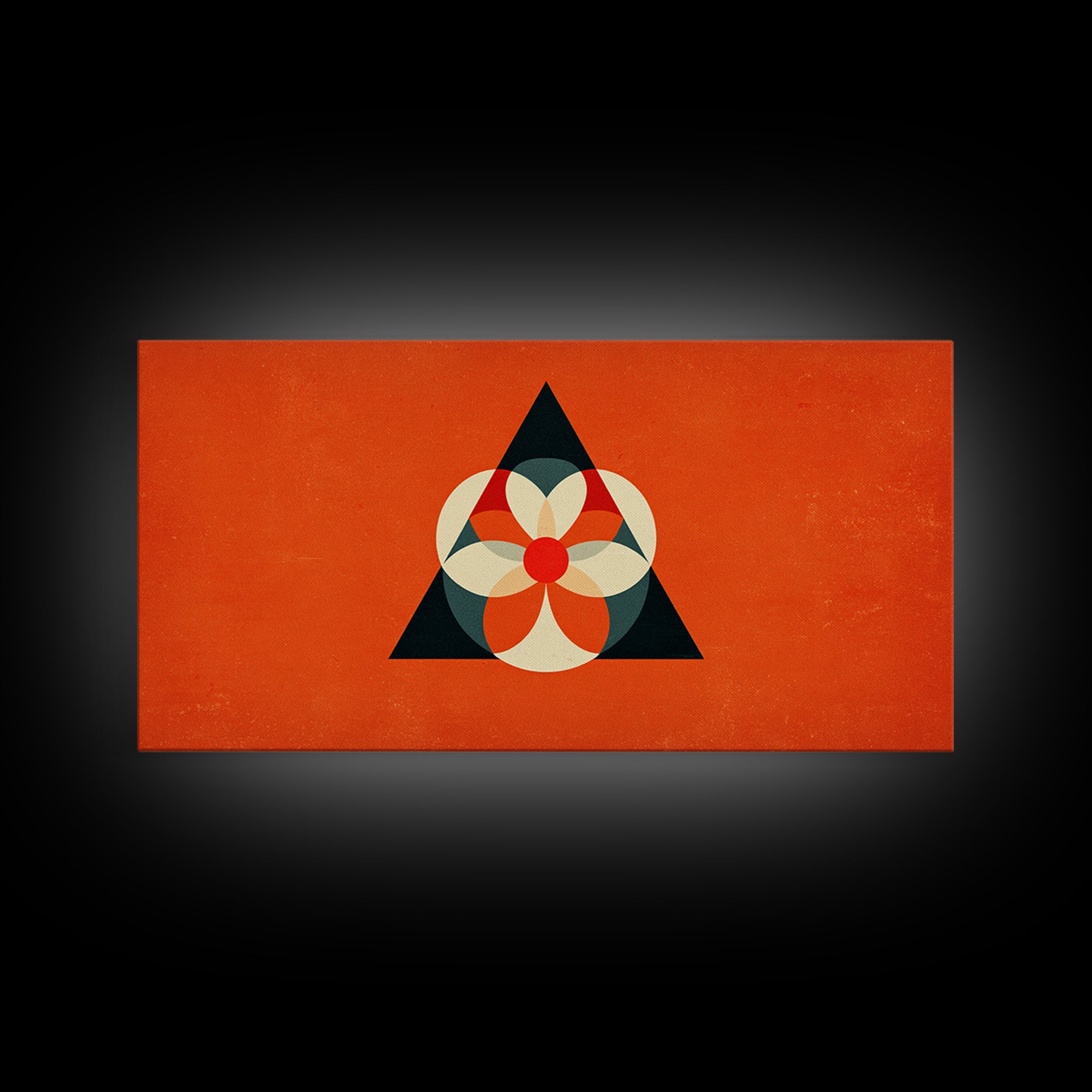 Orange Geometric Flower In Black Triangle, Mid Century Modern Canvas Print, Atomic Bauhaus Wall Decor, Abstract MCM Poster