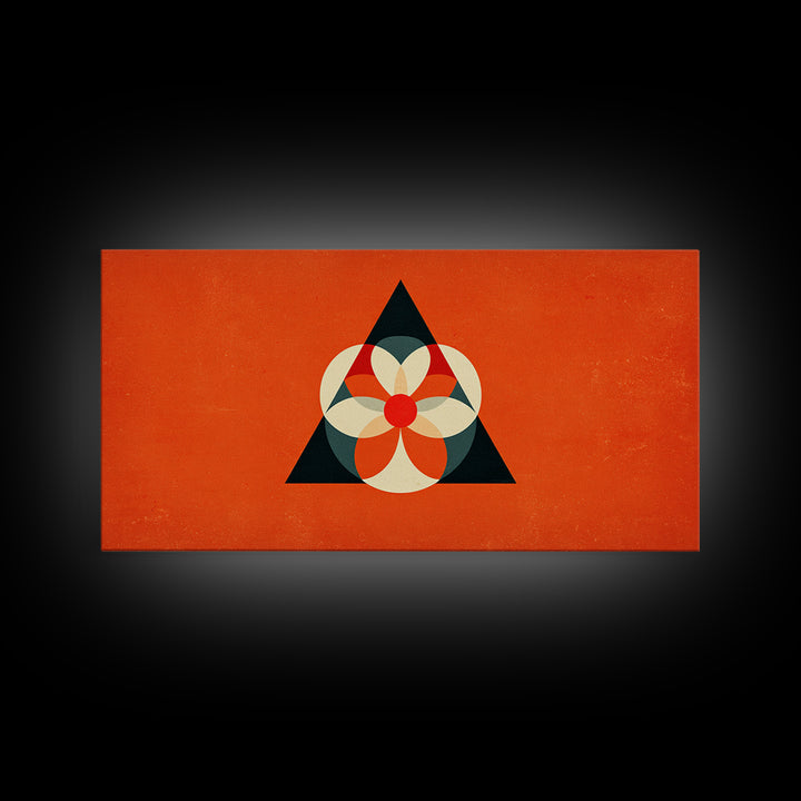 Orange Geometric Flower In Black Triangle, Mid Century Modern Canvas Print, Atomic Bauhaus Wall Decor, Abstract MCM Poster