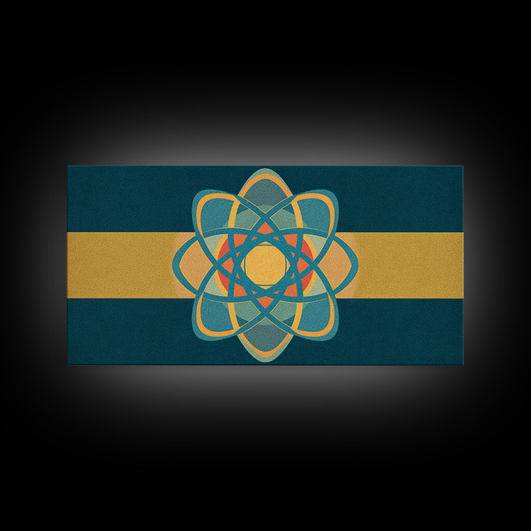 Teal And Gold Atomic Orbit Abstract, Mid Century Modern Wall Art, Retro Science Decor, Geometric MCM Canvas Print Poster