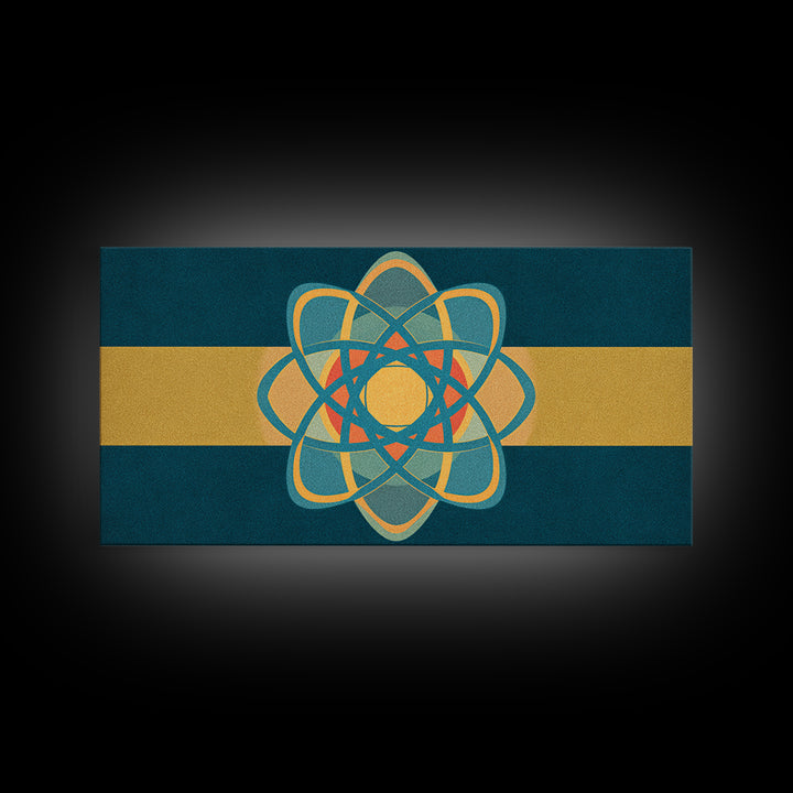 Teal And Gold Atomic Orbit Abstract, Mid Century Modern Wall Art, Retro Science Decor, Geometric MCM Canvas Print Poster