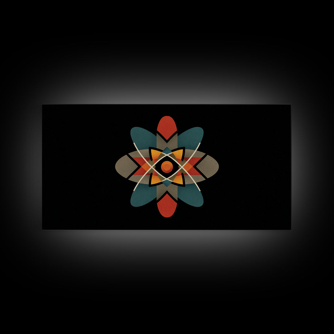 Black Atomic Starburst With Teal Orange Shapes, Mid Century Modern Canvas Print, Retro Space Wall Art, Geometric MCM Decor