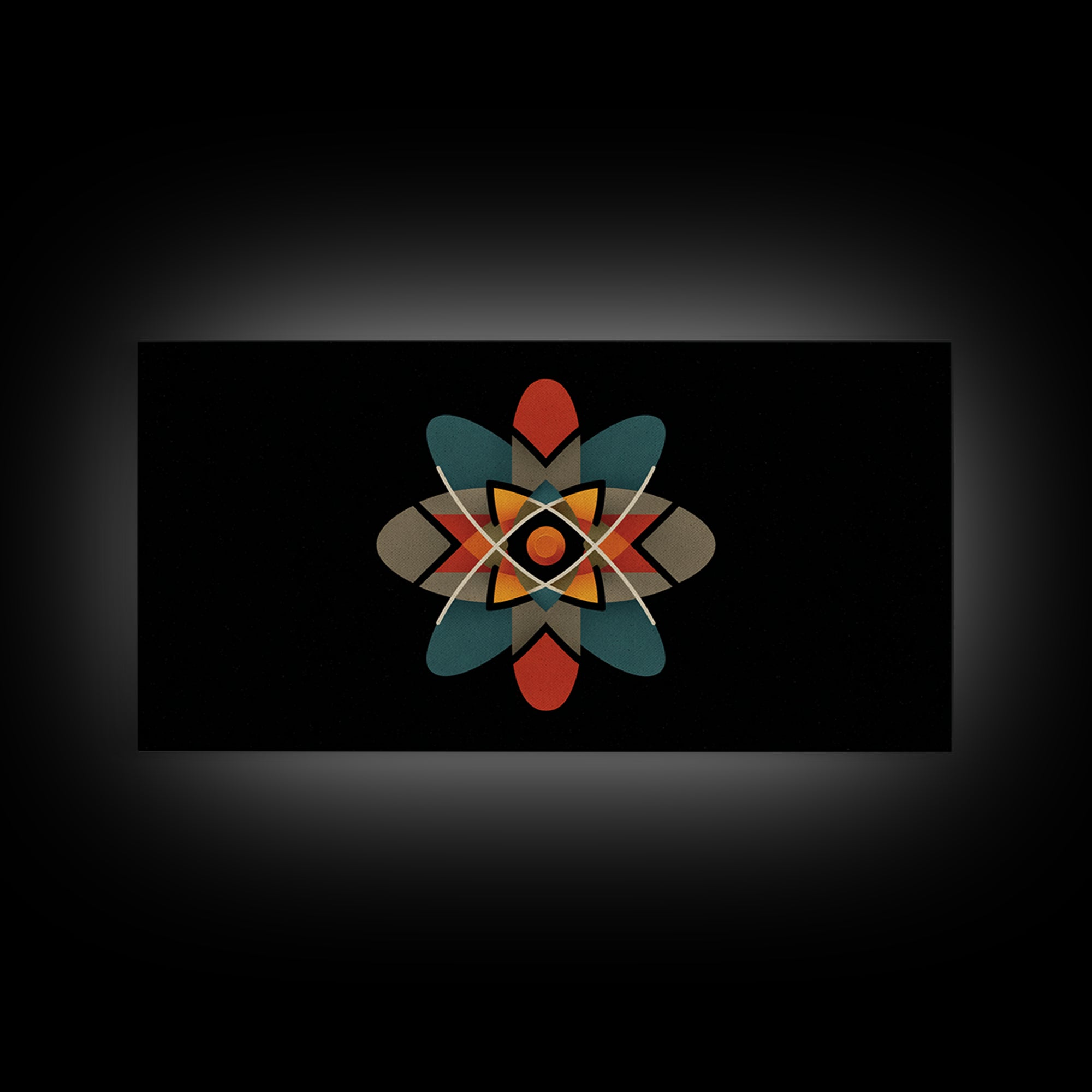 Black Atomic Starburst With Teal Orange Shapes, Mid Century Modern Canvas Print, Retro Space Wall Art, Geometric MCM Decor