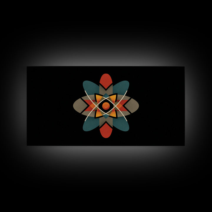Black Atomic Starburst With Teal Orange Shapes, Mid Century Modern Canvas Print, Retro Space Wall Art, Geometric MCM Decor