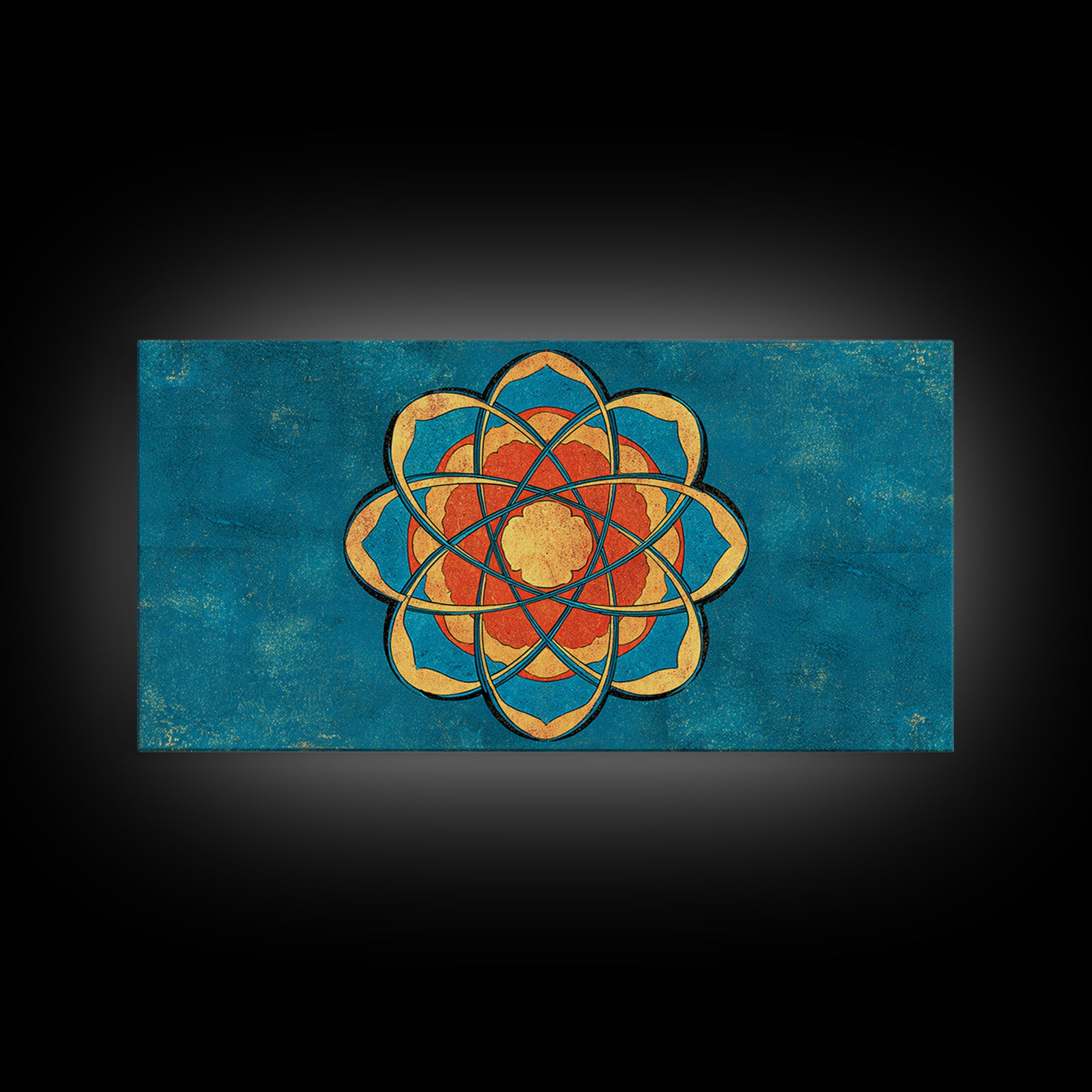 Teal And Orange Atomic Flower Mandala, Mid Century Modern Wall Art, Geometric Abstract Decor, Retro MCM Canvas Print Poster