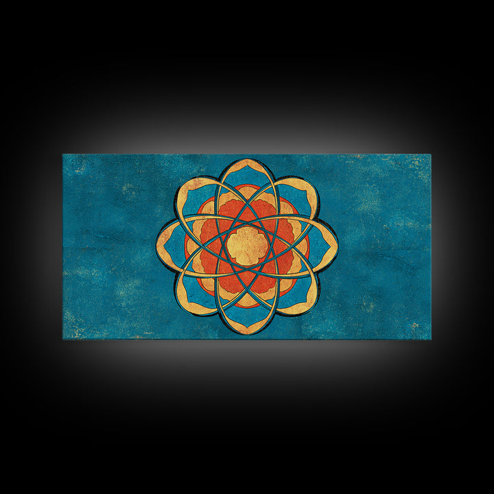 Teal And Orange Atomic Flower Mandala, Mid Century Modern Wall Art, Geometric Abstract Decor, Retro MCM Canvas Print Poster