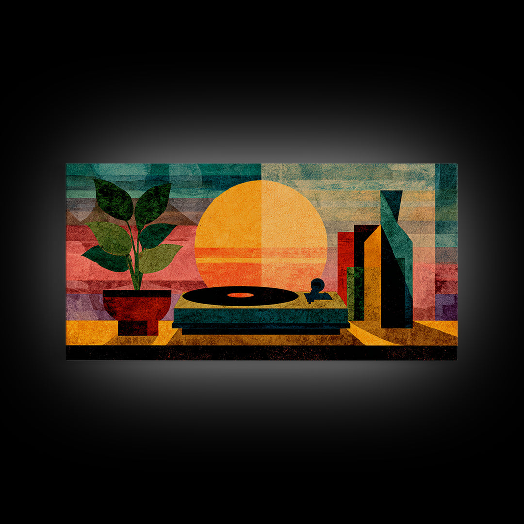 Sunset Turntable Still Life With Plant And Bottles, Mid Century Modern Wall Art, Vinyl Record Decor, Retro Music Canvas Print