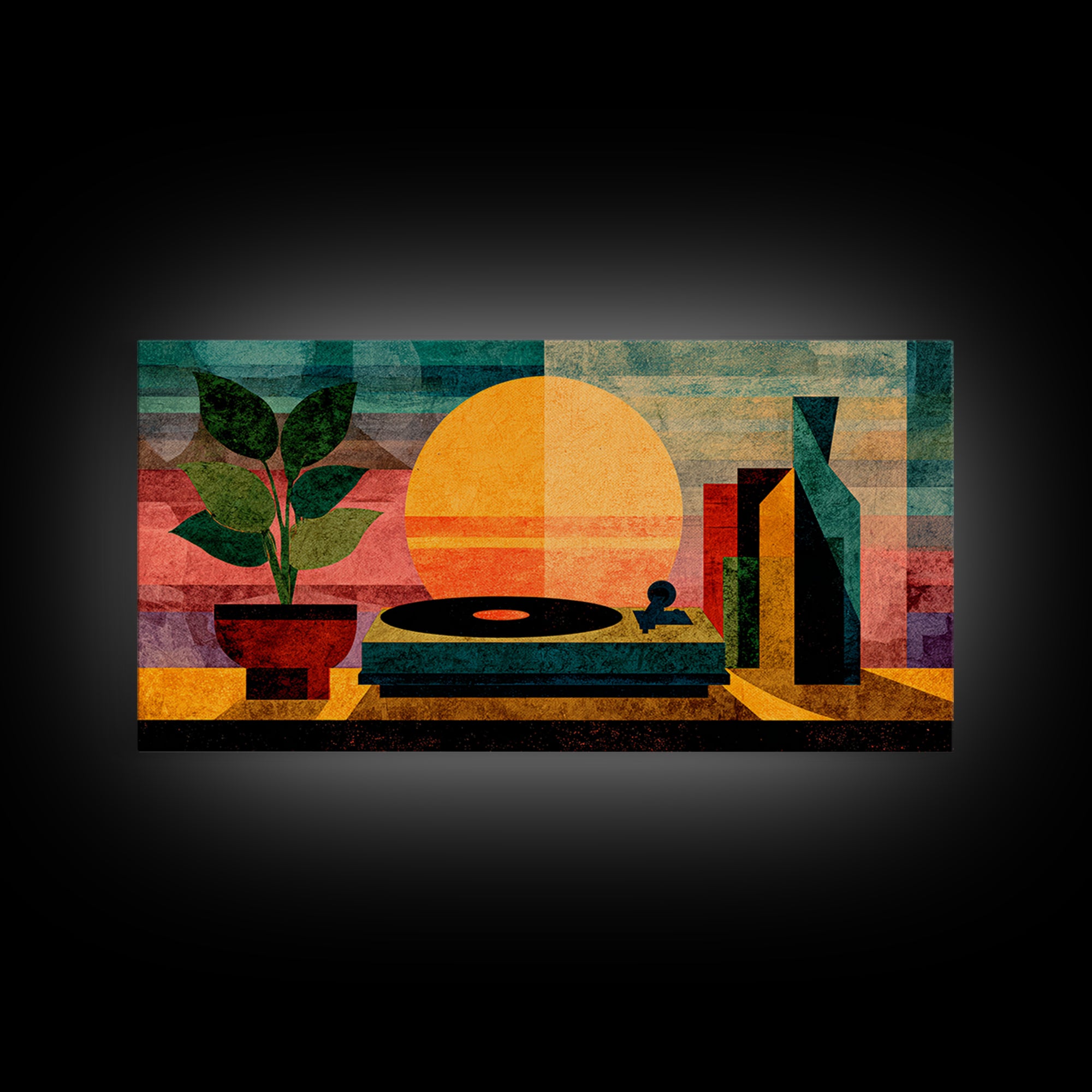 Sunset Turntable Still Life With Plant And Bottles, Mid Century Modern Wall Art, Vinyl Record Decor, Retro Music Canvas Print