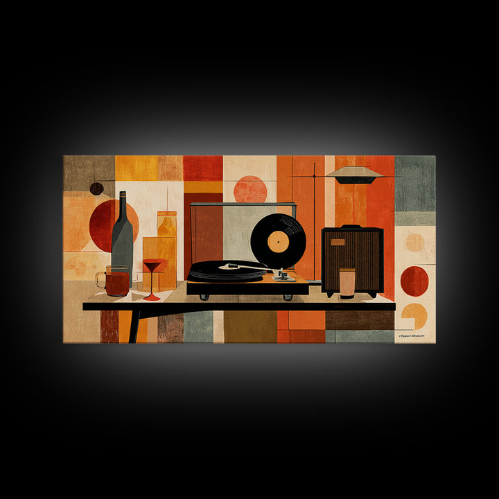 Midcentury Record Player Still Life With Bottle And Radio, Framed Canvas Print, MCM Wall Art, Retro Music Home Decor Poster