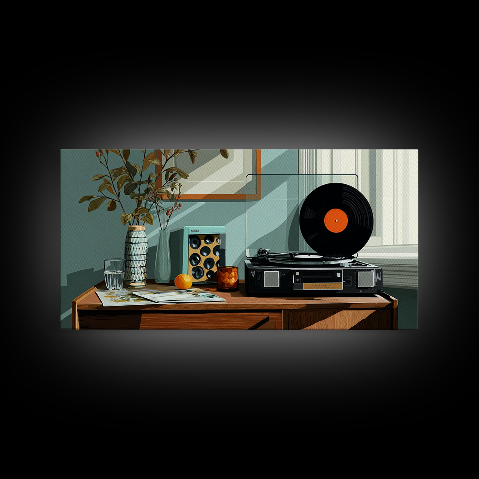 Modern Record Player And Plant Framed Canvas Print, Mid Century Modern Wall Art, Retro Vinyl Decor For Office Or Music Room