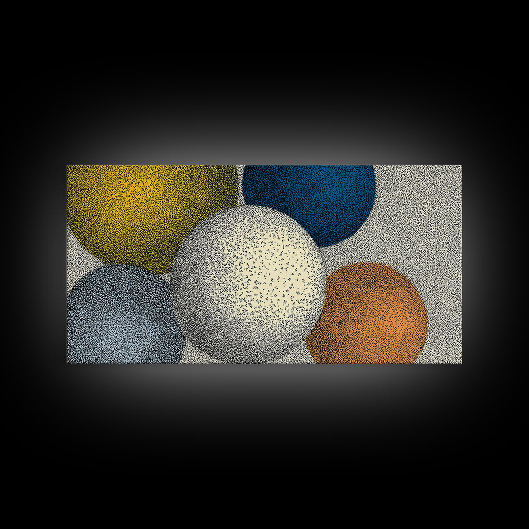 Large Dotted Circle Abstract Wall Art, Mid Century Modern Geometric Poster, Blue Orange Spheres Print For Living Room Decor