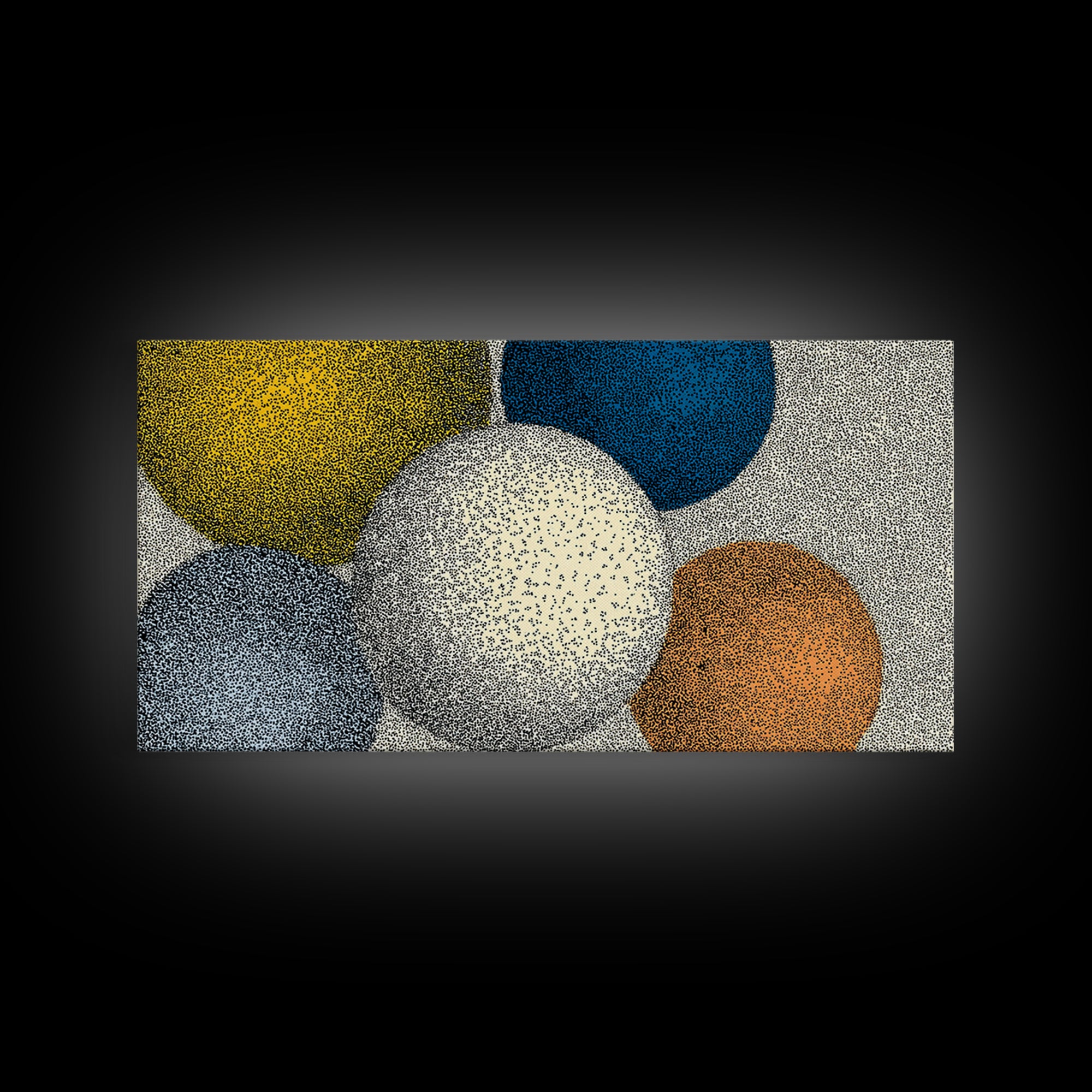 Large Dotted Circle Abstract Wall Art, Mid Century Modern Geometric Poster, Blue Orange Spheres Print For Living Room Decor