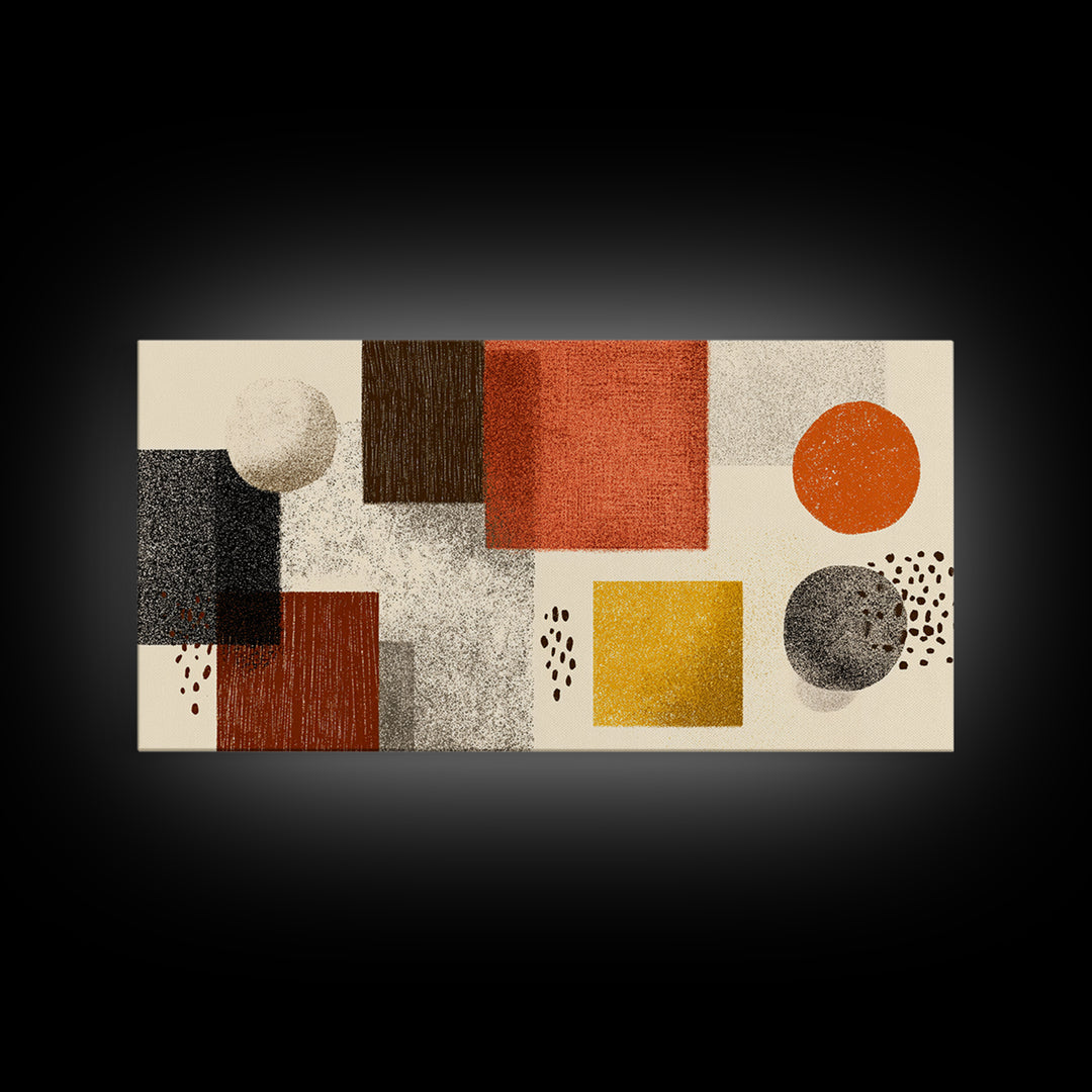 Earth Tone Geometric Shapes Framed Canvas Print, Mid Century Modern Wall Art, Orange Yellow Abstract Decor For Home Office