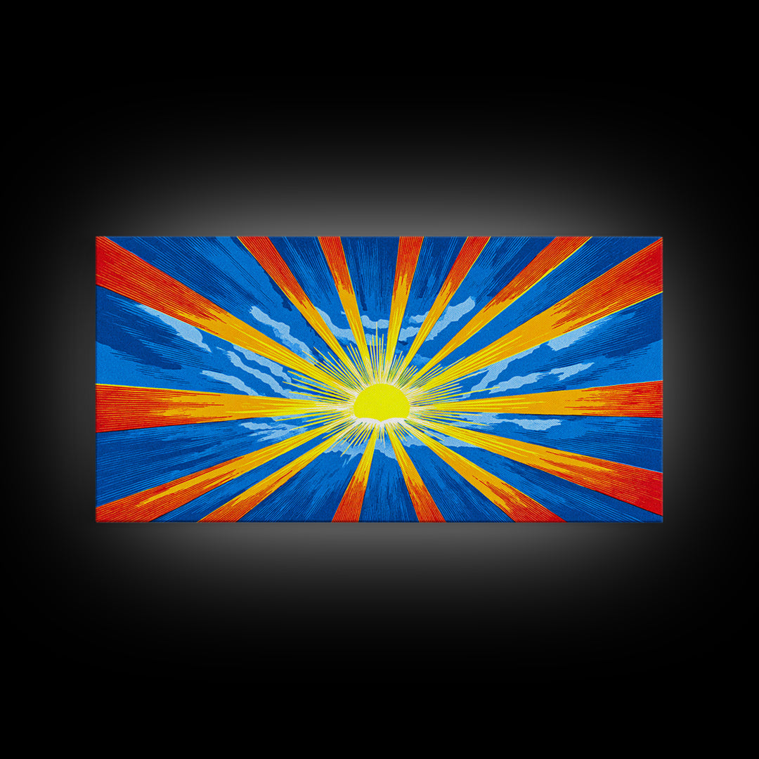 Radiant Sunburst Canvas Print, Blue Orange Yellow Rays Poster, Midcentury Modern Art, Retro Wall Decor, Geometric MCM Print