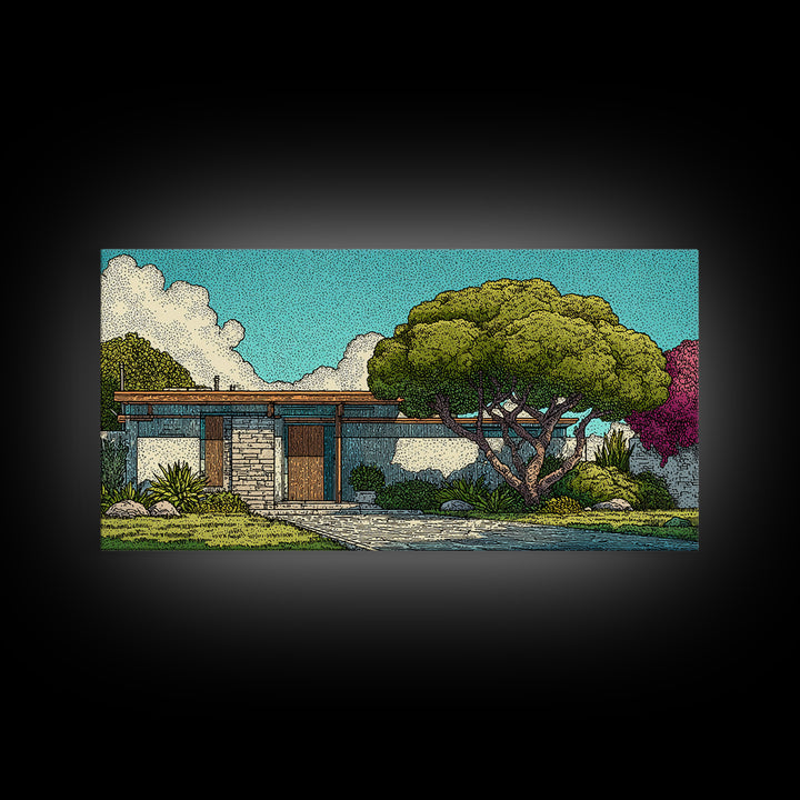 Mid Century Modern House Landscape Wall Art, Retro Architecture Poster, Palm Springs Style Home Decor, Colorful Garden Print