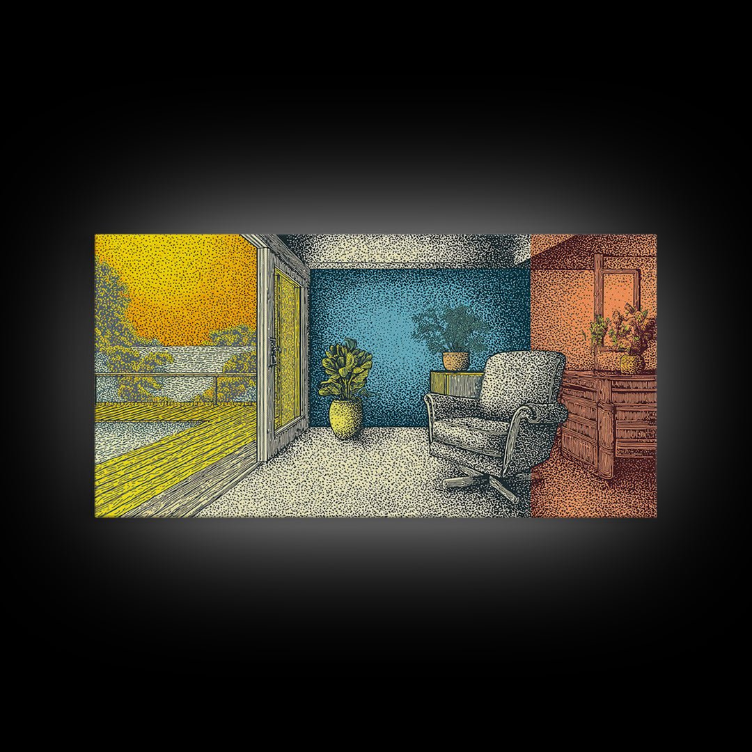 Sunny Midcentury Balcony Interior With Lake View Wall Art, Retro Modern Decor, MCM Living Room Art, Yellow Blue Canvas Print