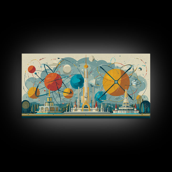 Atomic Planets Over Futuristic Fair City Wall Art, Midcentury Modern Art, Retro Space Poster, MCM Decor, Geometric Canvas Print