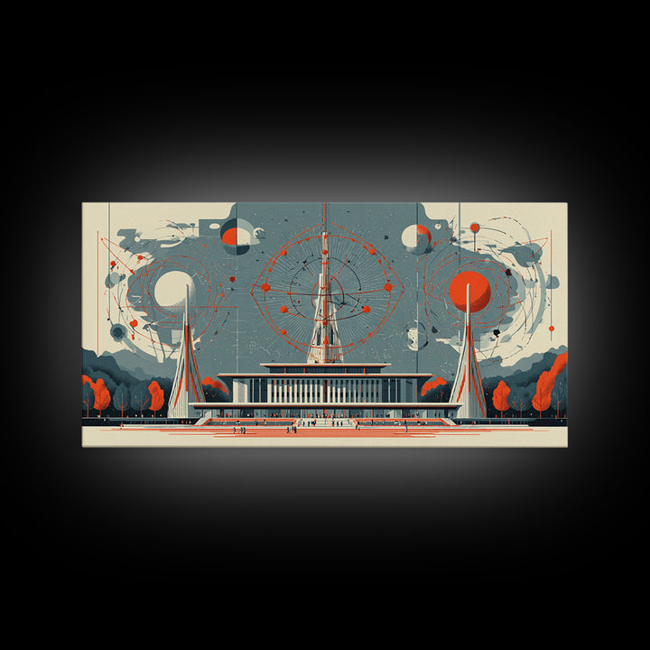 Modernist Atomic Pavilion With Red Orbit Diagrams Wall Art, Midcentury Modern Decor, Bauhaus Poster, Framed Canvas Print
