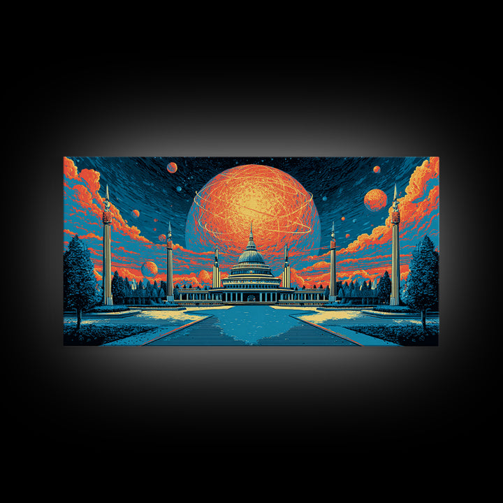 Glowing Orange Planet Over Capitol Skyline Wall Art, Retro Sci Fi Poster, Washington DC Decor, Atomic Midcentury Canvas Print