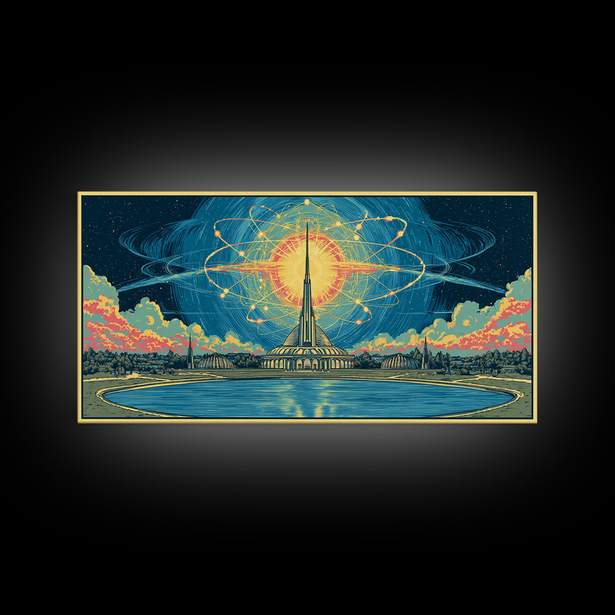 Atomic Sun Above Futuristic Tower And Reflecting Pool Wall Art, Midcentury Modern Decor, Retro Space Framed Canvas Print