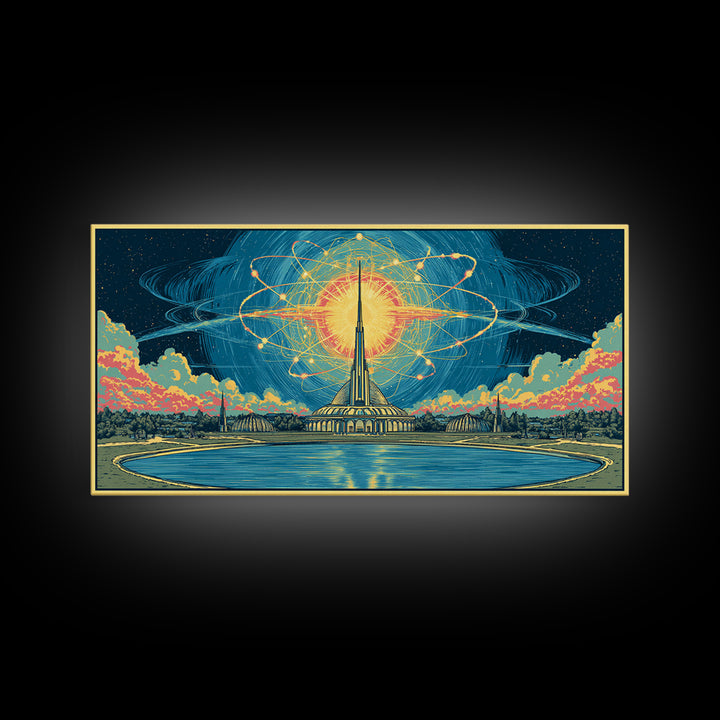 Atomic Sun Above Futuristic Tower And Reflecting Pool Wall Art, Midcentury Modern Decor, Retro Space Framed Canvas Print