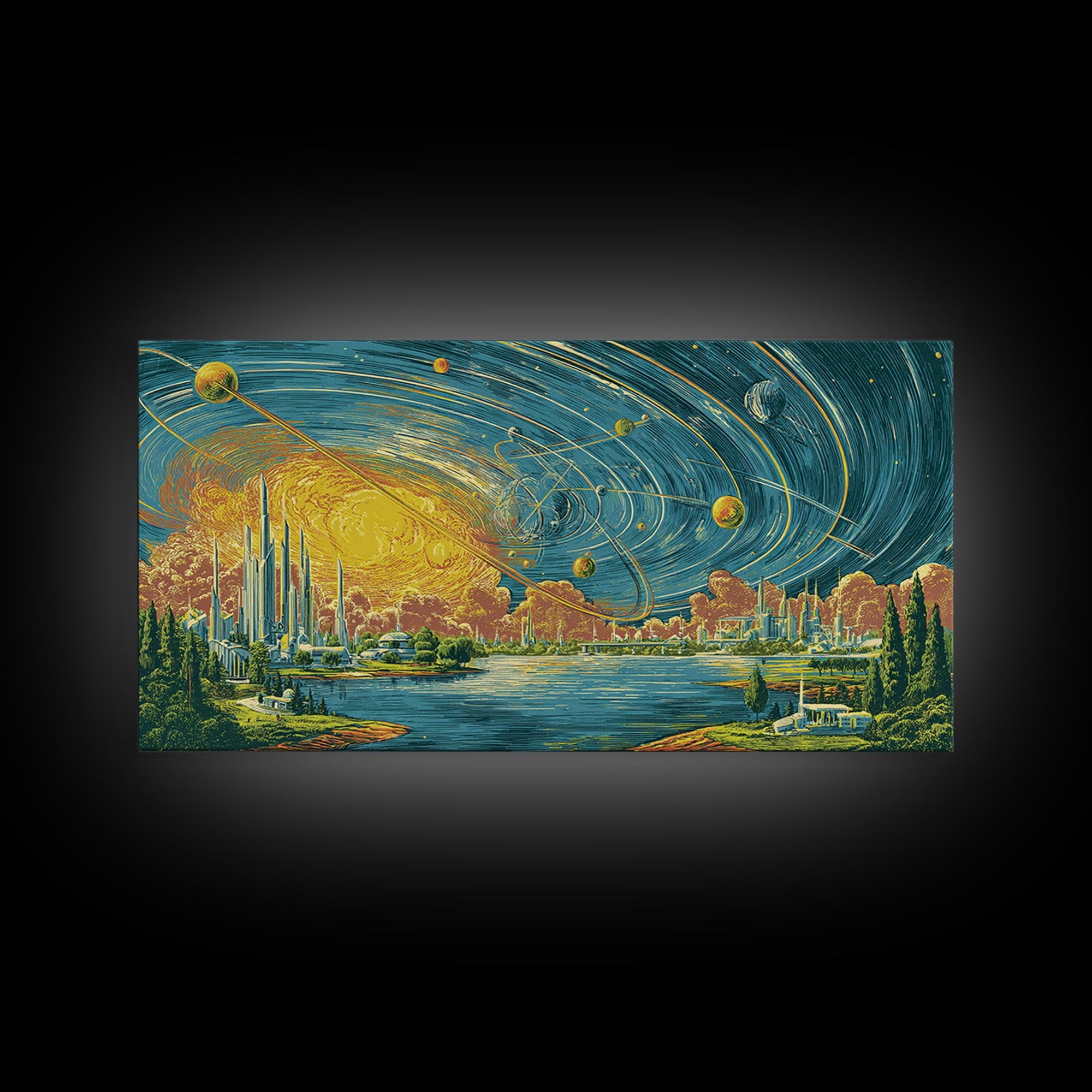 Orbiting Planets Over Futuristic Lake City Wall Art, Retro Modern Art Print, Midcentury Decor, MCM Wall Decor, Atomic Canvas Print