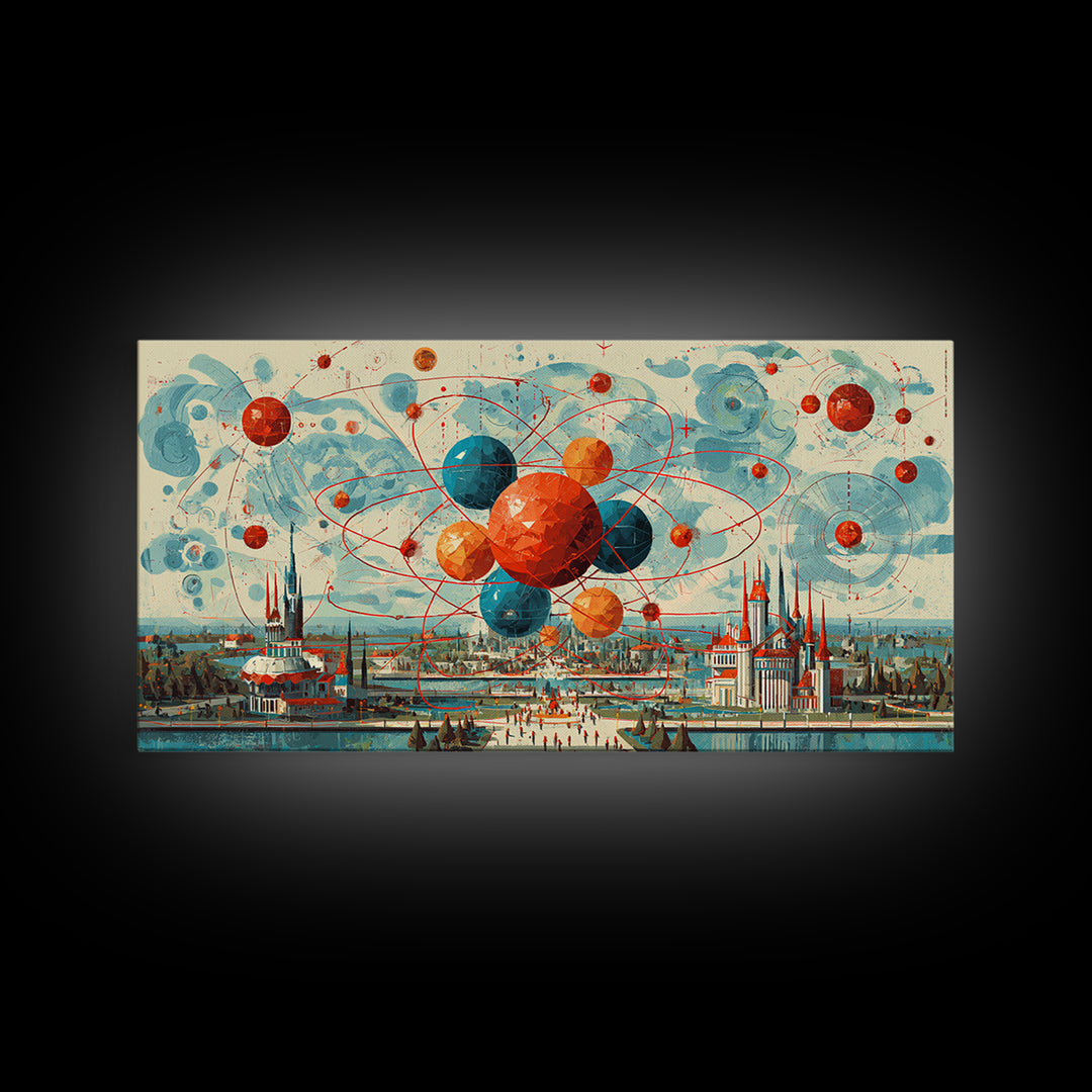Giant Atomic Spheres Above Worlds Fair City Wall Art, Midcentury Modern Art, Retro Science Poster, MCM Decor, Framed Canvas Print