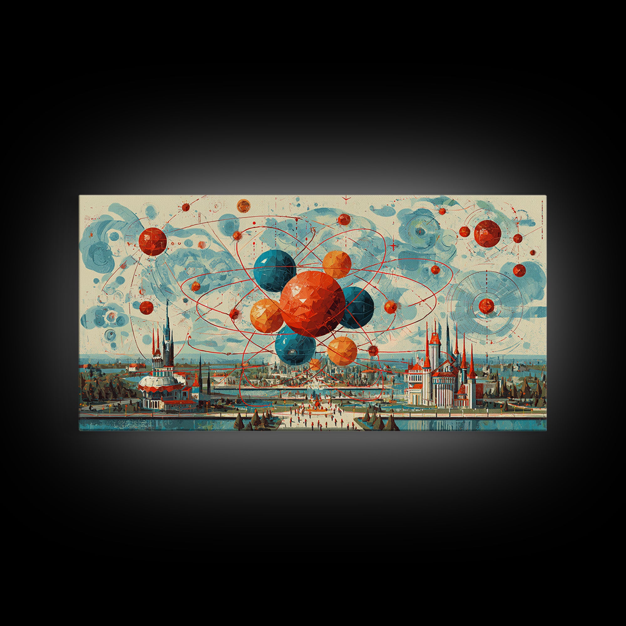 Giant Atomic Spheres Above Worlds Fair City Wall Art, Midcentury Modern Art, Retro Science Poster, MCM Decor, Framed Canvas Print