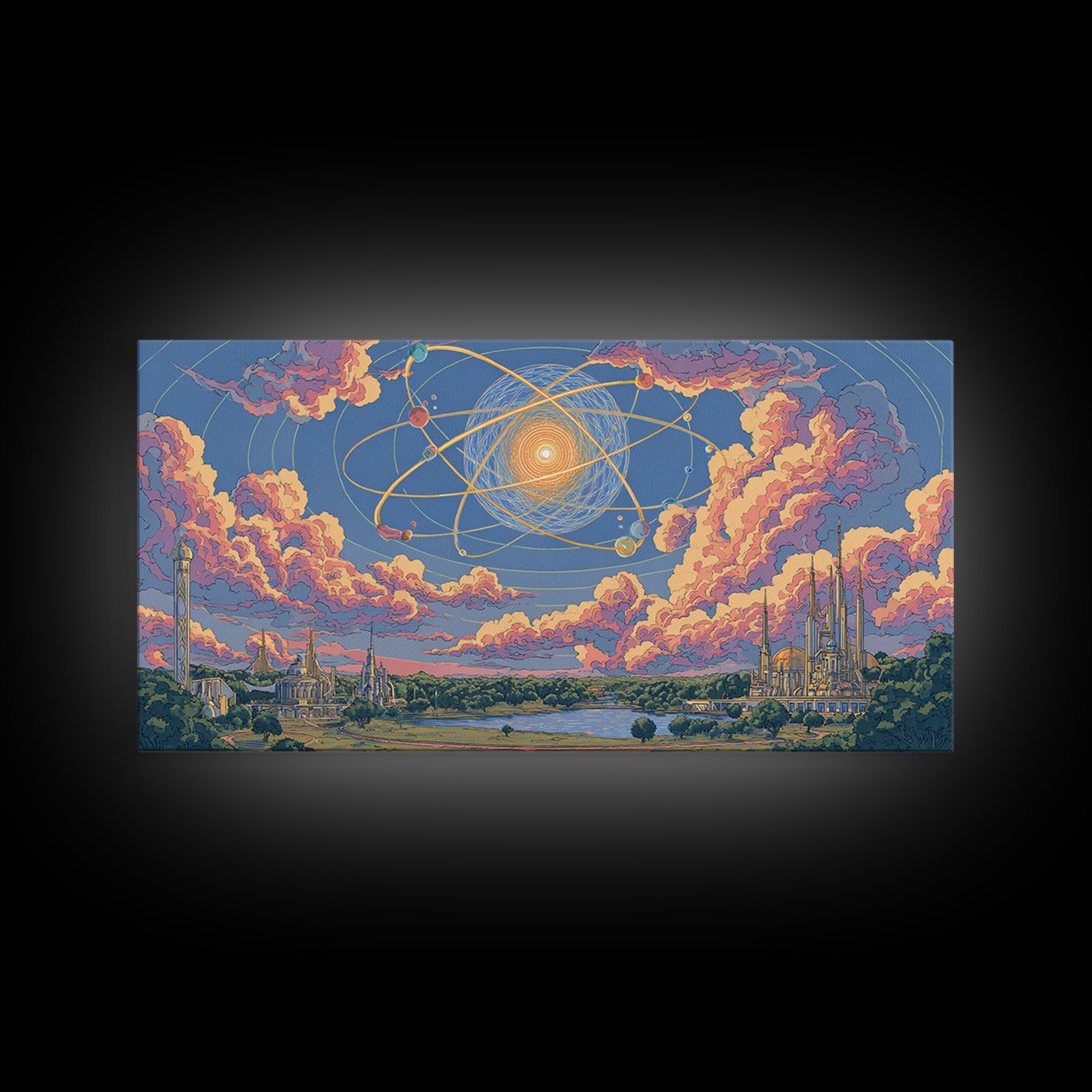 Pastel Atomic Sky Over River And Future Cities Wall Art, Retro Modern Decor, Midcentury Art Print, Pink Blue Framed Canvas Print
