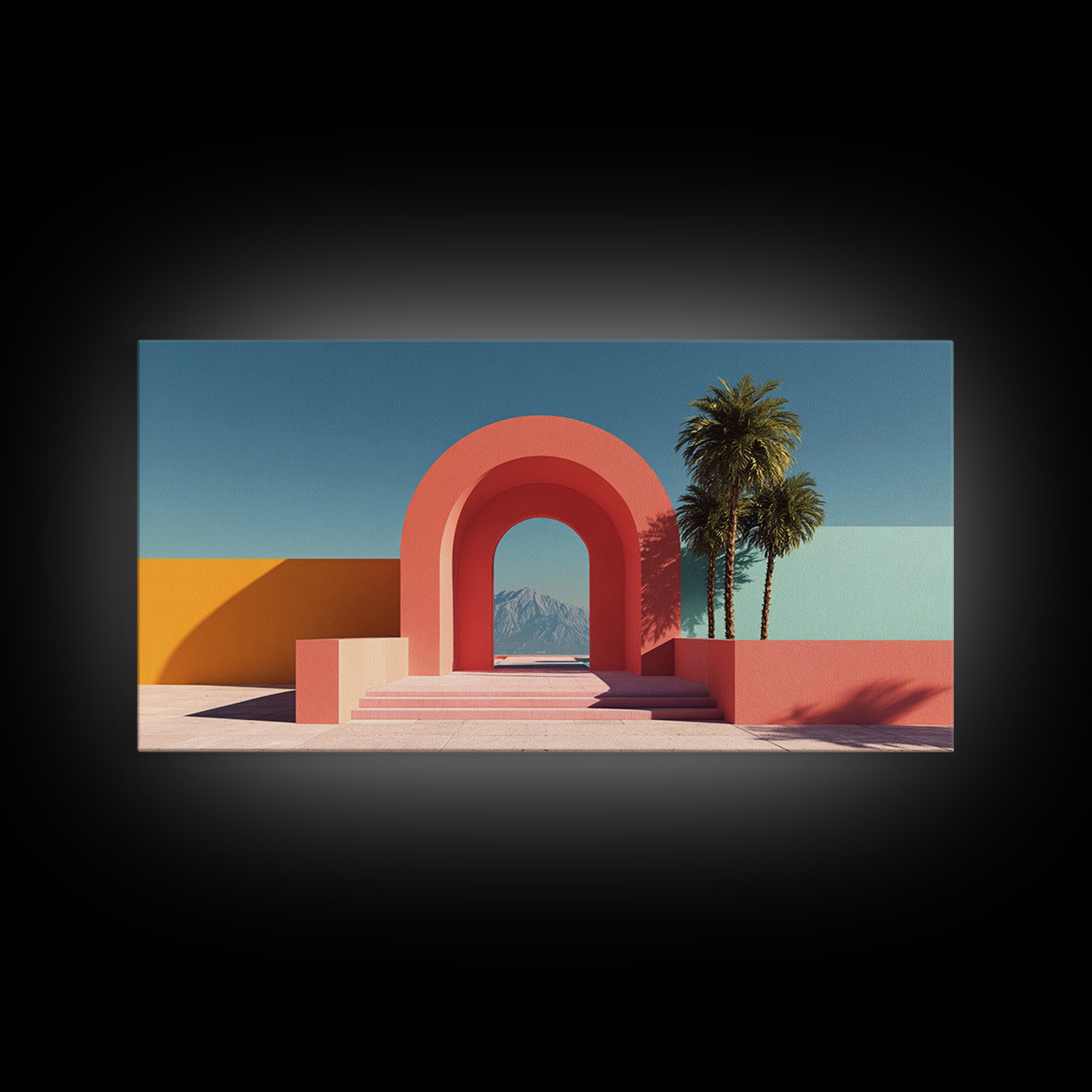 Pink Desert Archway With Palms And Mountain View Wall Art, Midcentury Modern Palm Springs Decor, Retro Landscape Print Poster